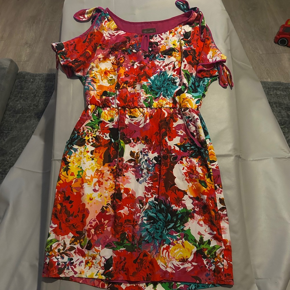Floral Shift Dress 10 Pockets Tie Sleeve Flutter Colorful Tropical Resortwear